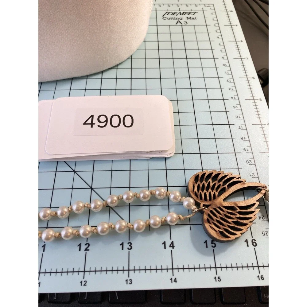 Faux Pearl Leaf Tassel Necklace Long Boho Pendant Earthy Brown Angel‎ Wings